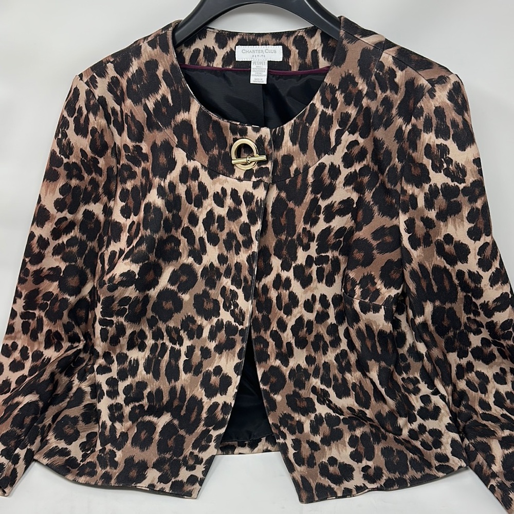 Charter Club Leopard Print Blazer, NWT Petite, Brown Black, Cropped
